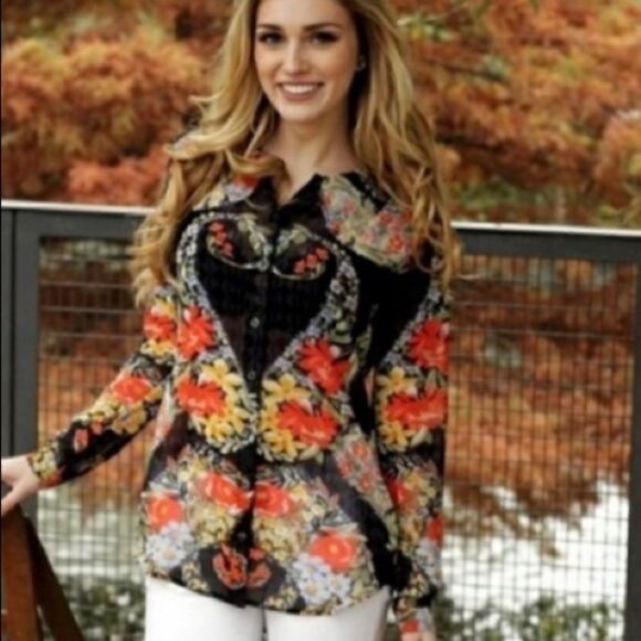 Cabi Blue Sheer Floral Button Down Blouse Top - Picture 11 of 11